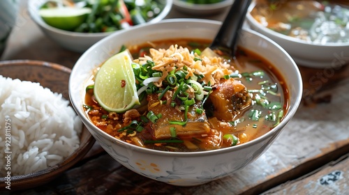 Indonesian pindang patin, a sour and spicy catfish soup with lime, fried shallots, and green onions, served with steamed rice in a flavorful and aromatic dish photo