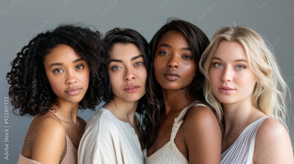 The image features four women of diverse backgrounds standing closely together, reflecting beauty, unity, and solidarity against a neutral backdrop, providing a poignant visual statement. The image features four women of diverse backgrounds standing closely together, reflecting beauty, unity, and solidarity against a neutral backdrop, providing a poignant visual statement.