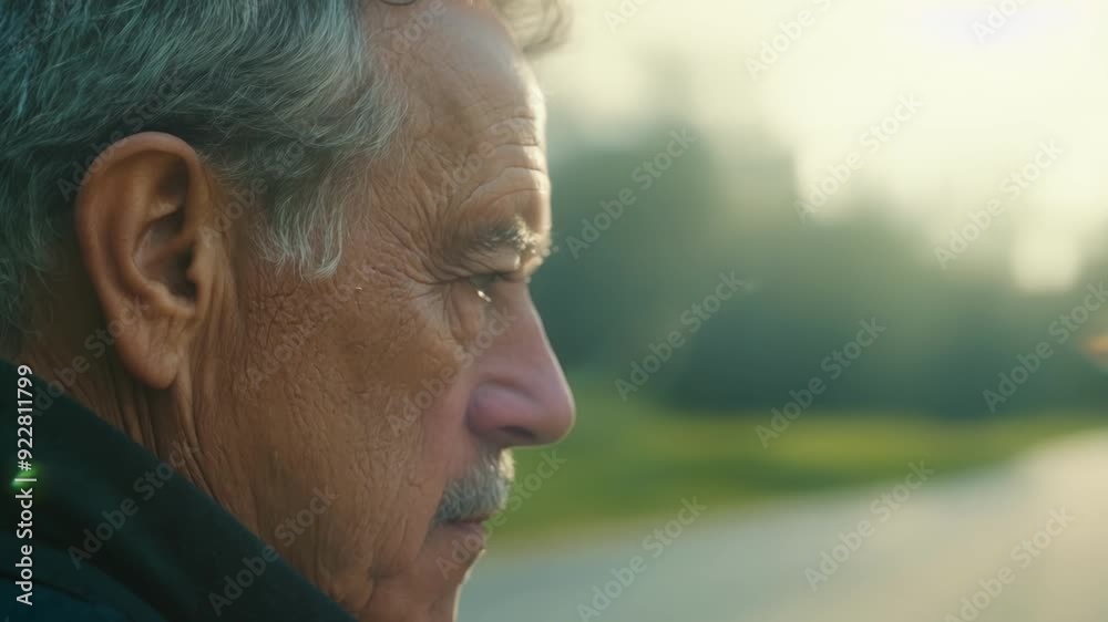 Thoughtful senior man with wrinkles, looking away in contemplation during sunset Thoughtful senior man with wrinkles, looking away in contemplation during sunset