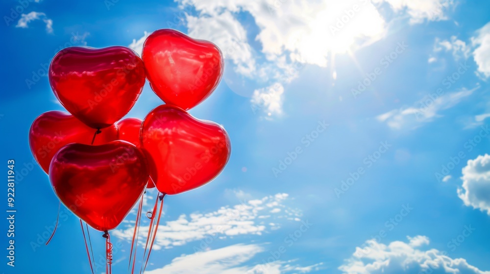 A vibrant image featuring a group of red heart-shaped balloons floating against a clear, bright blue sky, symbolizing love, celebration, and the freedom of the open air. A vibrant image featuring a group of red heart-shaped balloons floating against a clear, bright blue sky, symbolizing love, celebration, and the freedom of the open air.
