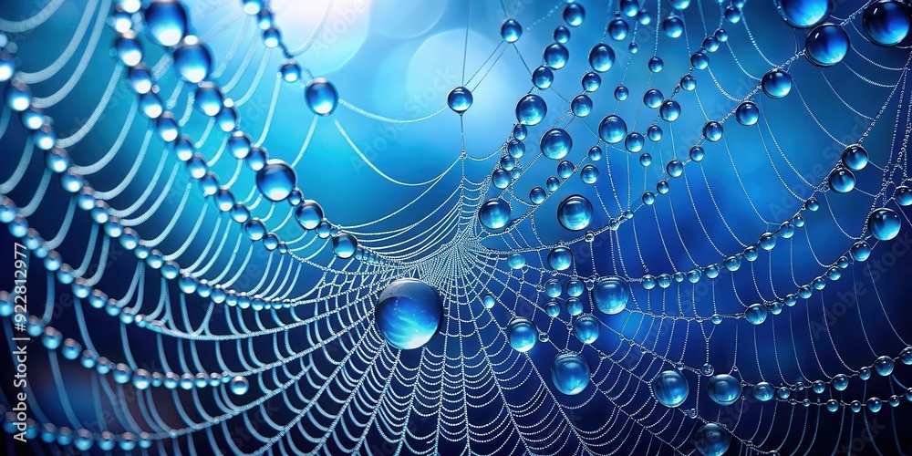 Naklejka premium Blue background with spider webs and water droplets, spider webs, water droplets, blue, background, nature, texture, dew