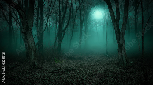 Full moon shining over a dark and foggy forest