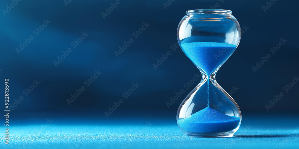 Hourglass measuring passing time on blue background Hourglass measuring passing time on blue background