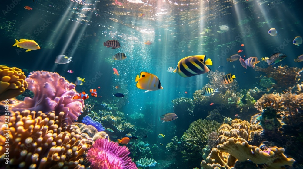 Naklejka premium A vibrant underwater scene showcasing colorful coral reefs and diverse fish species.