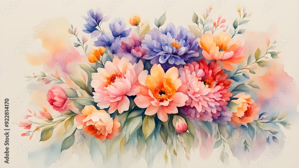 A painting of a bouquet of flowers with a blue background A painting of a bouquet of flowers with a blue background
