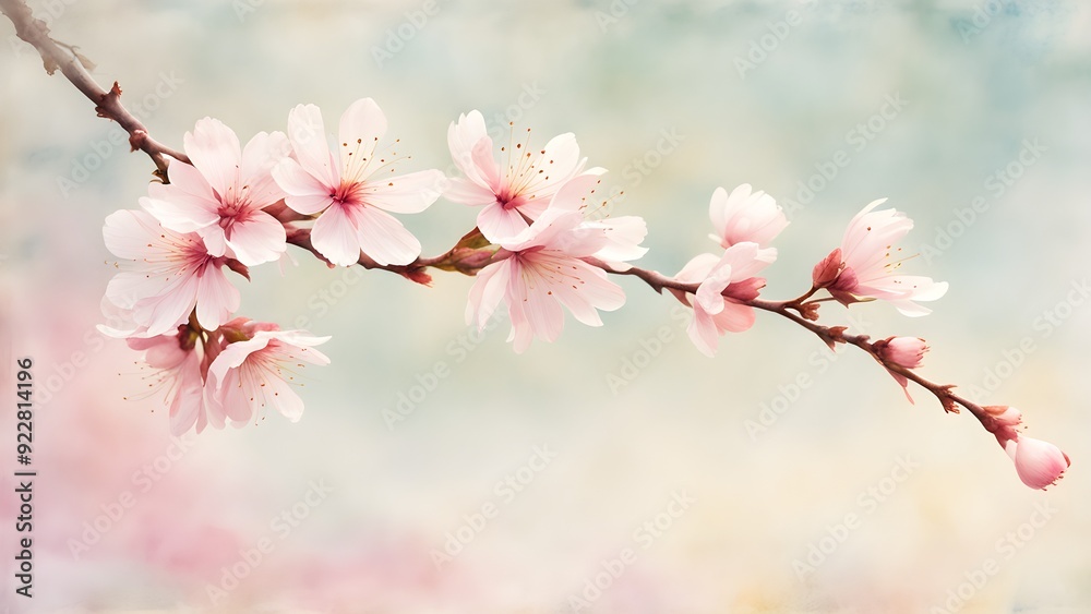A branch of pink flowers with a blue background A branch of pink flowers with a blue background