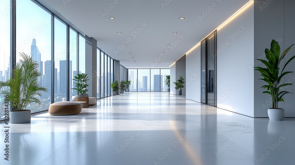 Fototapeta premium Empty modern office hallway with floor-to-ceiling windows showing a city skyline during daytime.