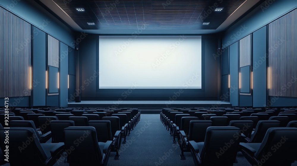 Empty conference room with black chairs, blank white screen mockup.. Empty conference room with black chairs, blank white screen mockup..