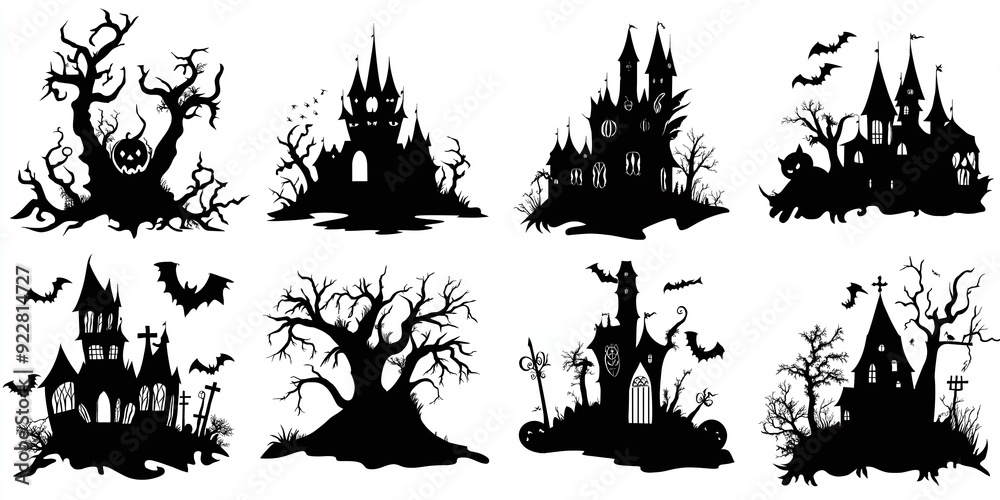Fototapeta premium Dark silhouettes of spooky castles and twisted trees, perfect for creating a haunted Halloween atmosphere