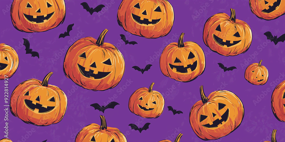 A fun pattern of Jack-o'-lanterns and bats on a vibrant purple background, perfect for Halloween-themed projects A fun pattern of Jack-o'-lanterns and bats on a vibrant purple background, perfect for Halloween-themed projects