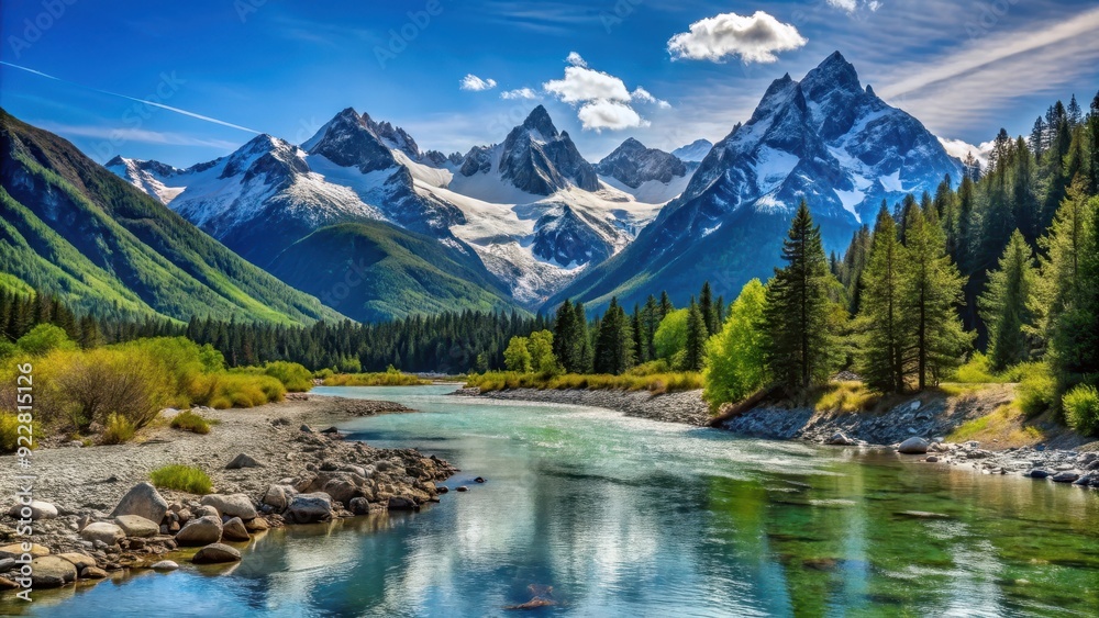 Fototapeta premium Mountain range with a tranquil river, clear water, snow-covered peaks , tranquil, serene, river, calm, clear water