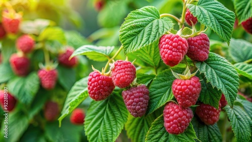 Ripe red raspberries on a bush, surrounded by green leaves, ready for harvesting, raspberries, red, ripe, bush