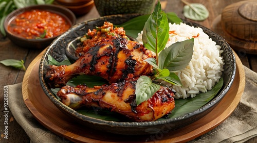 A beautifully plated dish of spicy grilled ayam taliwang with fresh basil, steamed rice, and sambal, showcasing Indonesian culinary art photo