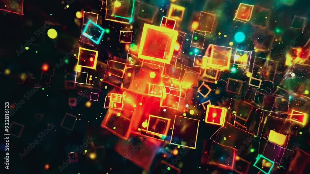 Brightly colored squares and rectangles float and shimmer against a dark background. The vibrant hues and dynamic movement create an abstract, energetic scene. The glowing shapes vary in size, adding