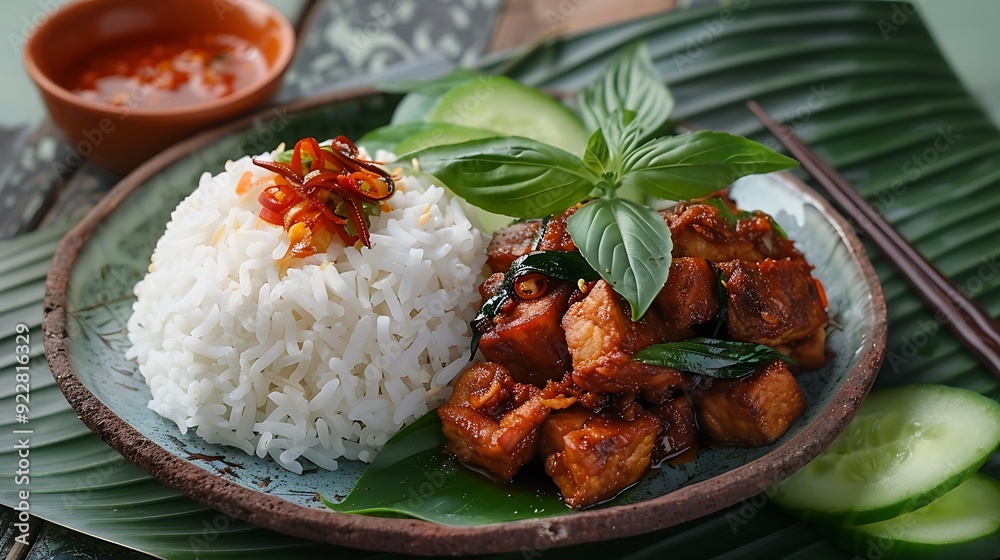 Beautifully presented tempeh bacem with marinated tempeh, served alongside steamed rice, spicy sambal, and garnished with cucumber and basil leaves for an authentic Indonesian dish