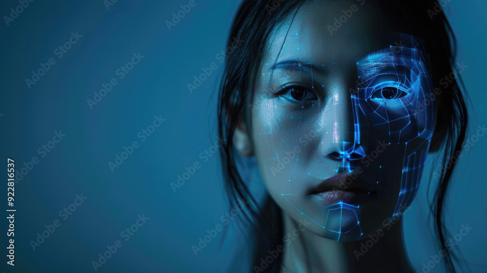 Facial recognition technology, Asian woman face with lines of AI biometric system, digital scanning of person. Concept of verification, identification, background, science