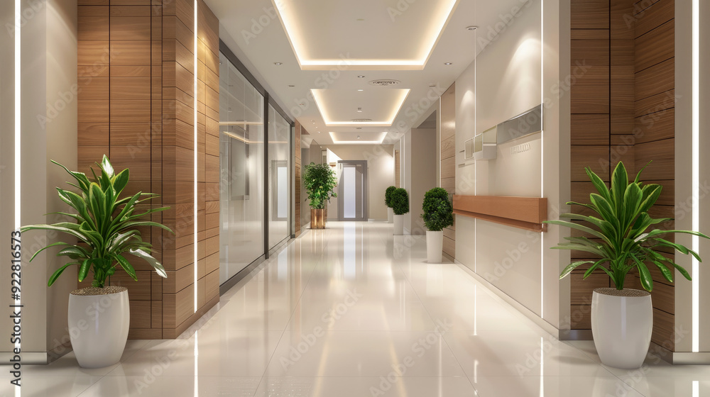 Modern interior of luxury clinic hallway, clean marble floor and wood finish in office or hospital, hall with beige brown design and plants. Concept of business, building