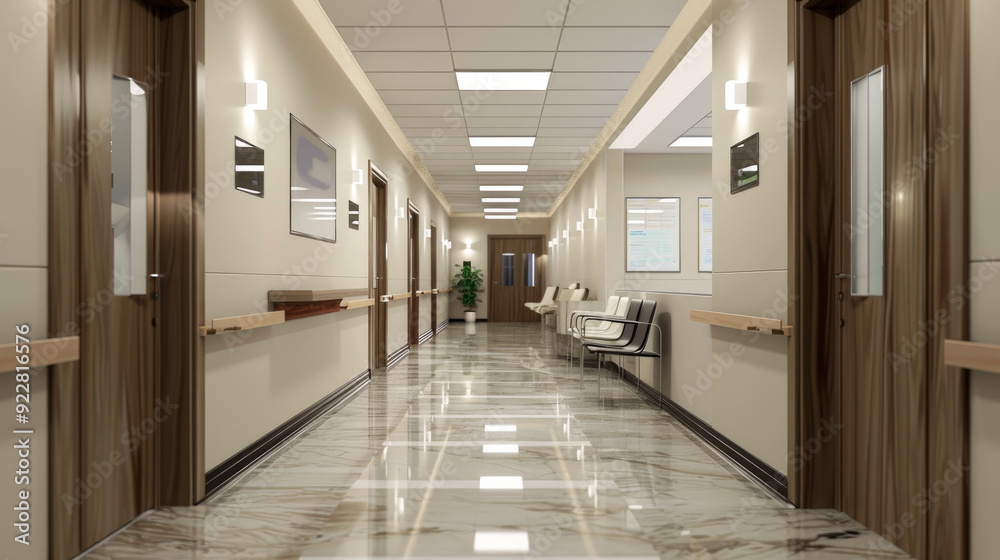 Modern interior of luxury clinic hallway, clean marble floor and wood finish in office or hospital, hall with beige brown design. Concept of business, building, company Modern interior of luxury clinic hallway, clean marble floor and wood finish in office or hospital, hall with beige brown design. Concept of business, building, company