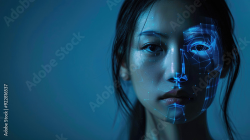 Obraz na płótnie Facial recognition technology, Asian woman face with lines of AI biometric system, digital scanning of person. Concept of verification, identification, background, science w salonie