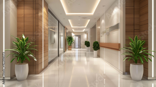 Modern interior of luxury clinic hallway, clean marble floor and wood finish in office or hospital, hall with beige brown design and plants. Concept of business, building