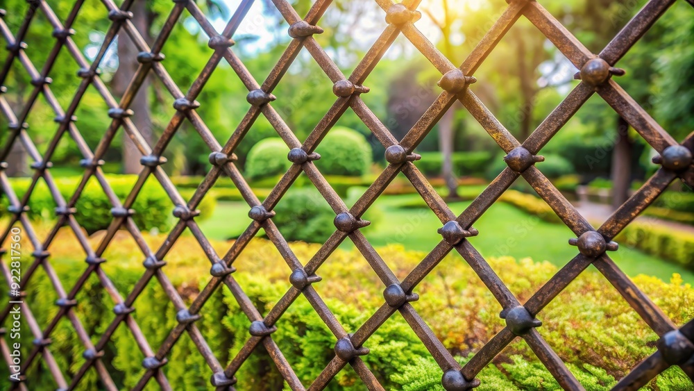 Fototapeta premium Iron lattice fence in a garden, iron, lattice, fence, metal, ornate, decorative, backyard, outdoor, home, security
