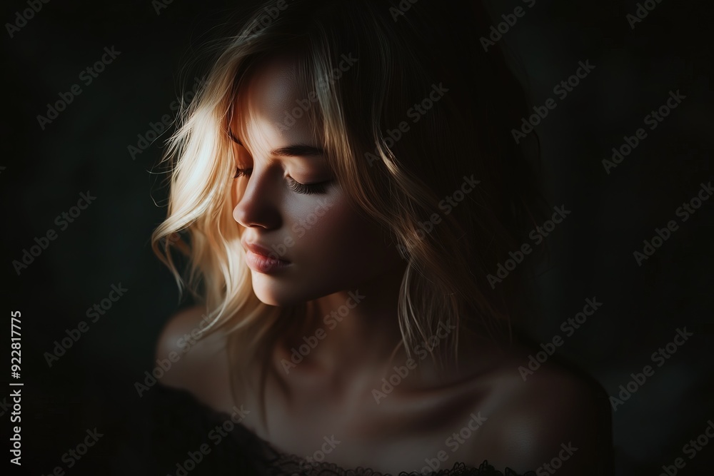 Blonde woman with soft curls in a low-light setting, peaceful and serene expression Blonde woman with soft curls in a low-light setting, peaceful and serene expression
