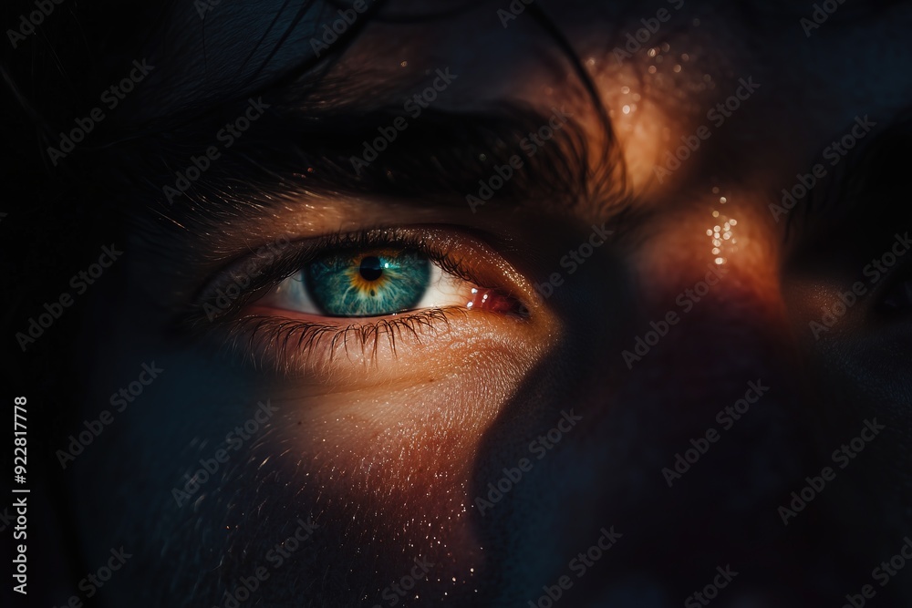 Close-up of a man's blue eye in shadow with intense focus and detailed texture Close-up of a man's blue eye in shadow with intense focus and detailed texture