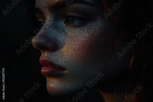 Freckled woman with red hair in a dark, moody setting, highlighting facial features