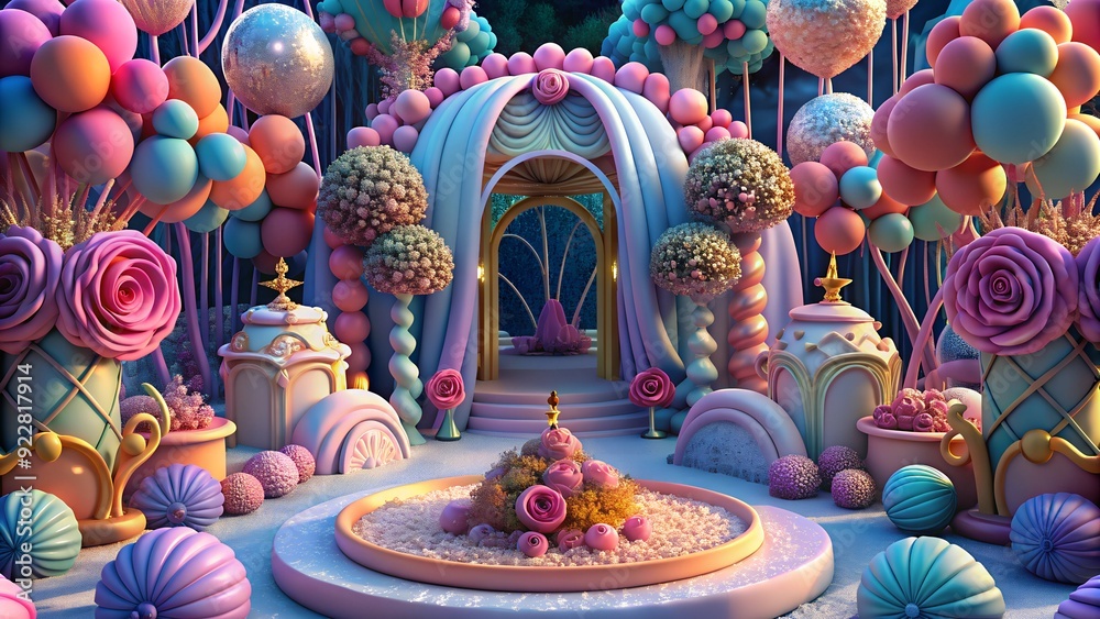 Fototapeta premium Flowers, balloons, wedding, festive mood in 3D