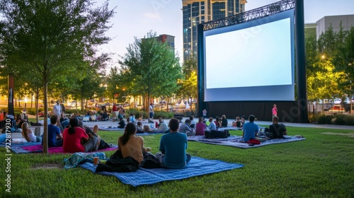 Fototapeta Naklejka Na Ścianę i Meble -  Families and friends enjoy an outdoor movie in a park as the sun sets, gathered on blankets in front of a large screen.