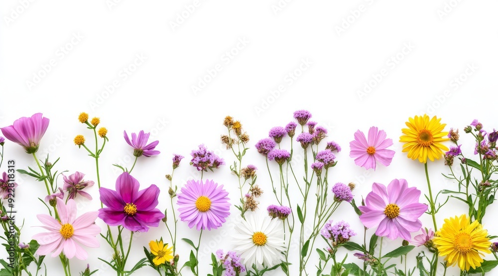 A vibrant display of flowers in pastel pink, sunny yellow, and royal purple against a crisp white background, perfect for celebrating spring and enhancing floral designs in any setting A vibrant display of flowers in pastel pink, sunny yellow, and royal purple against a crisp white background, perfect for celebrating spring and enhancing floral designs in any setting