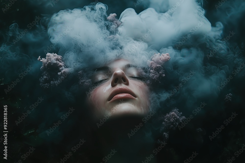 Surreal portrait of a woman with eyes closed, surrounded by clouds and flowers Surreal portrait of a woman with eyes closed, surrounded by clouds and flowers