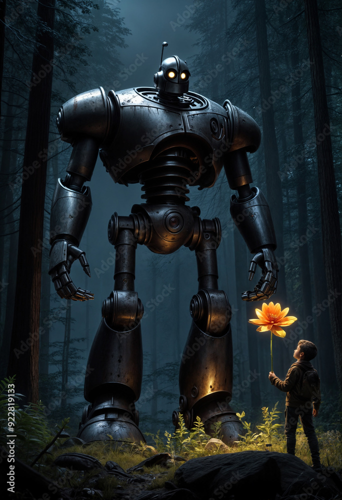 robot finds a boy with a flower