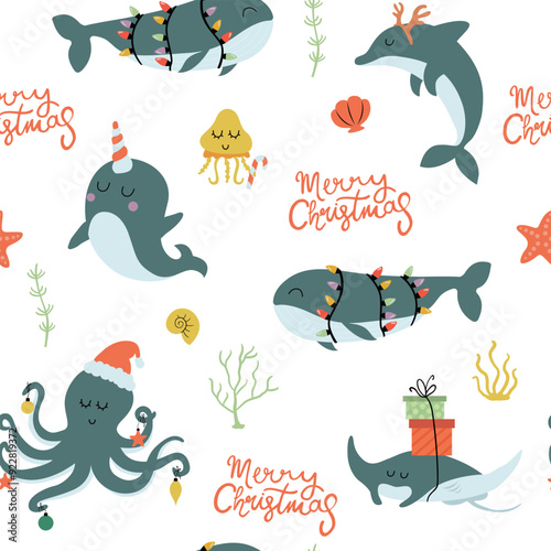Merry Christmas party seamless pattern. Cute whale, octopus, dolphin, fish, jellyfish and narwhal in Christmas costume