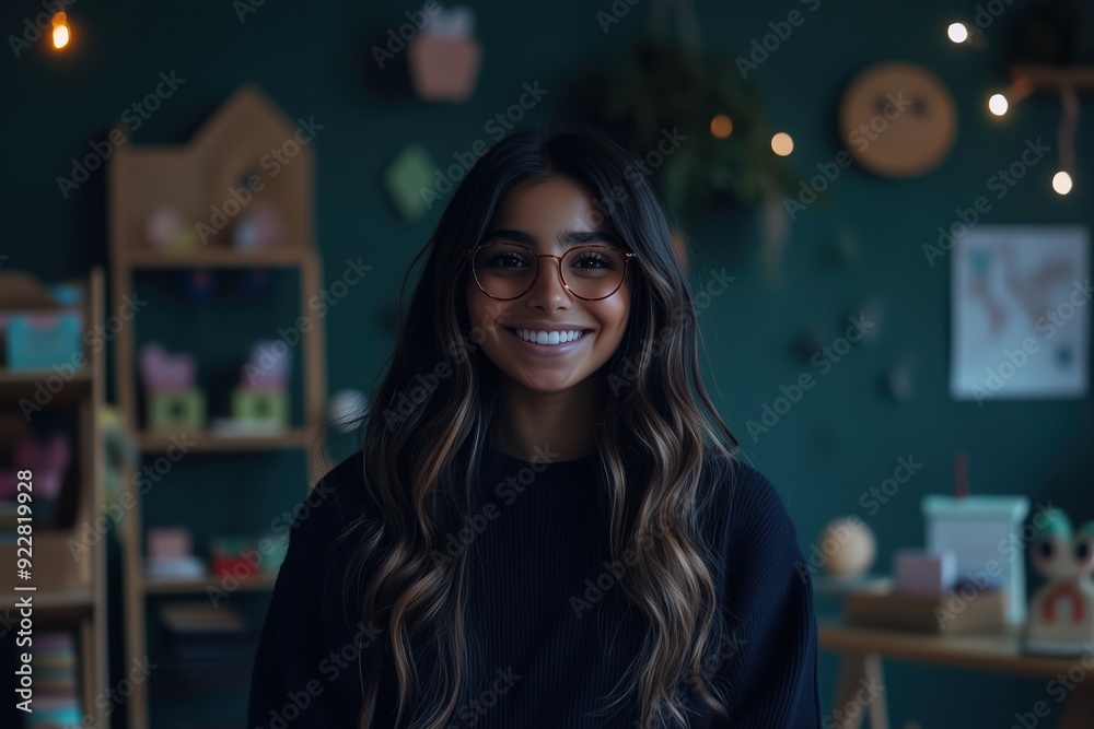 Portrait of a young Latina woman with glasses, smiling brightly in a warmly lit classroom decorated with educational toys. Portrait of a young Latina woman with glasses, smiling brightly in a warmly lit classroom decorated with educational toys.