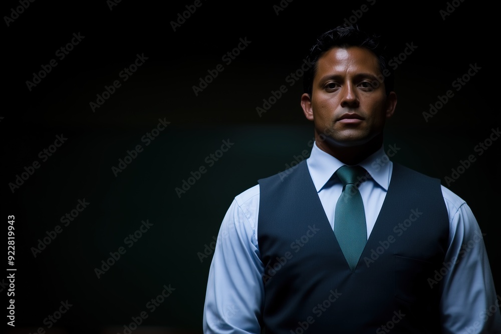 Portrait of a young Hispanic man in a suit, serious expression, standing confidently in a dark room. Portrait of a young Hispanic man in a suit, serious expression, standing confidently in a dark room.