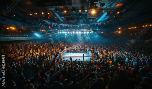 A large crowd of people cheering in front of a boxing ring in an arena like venue with colorful and bright lights, filled with cheers and excitement, fighting event, professional shot photography