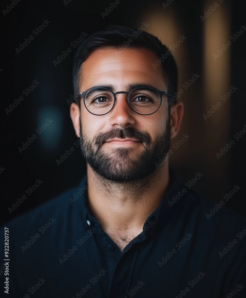 Smiling young man with a beard and glasses in a modern setting, exuding confidence and approachability Smiling young man with a beard and glasses in a modern setting, exuding confidence and approachability