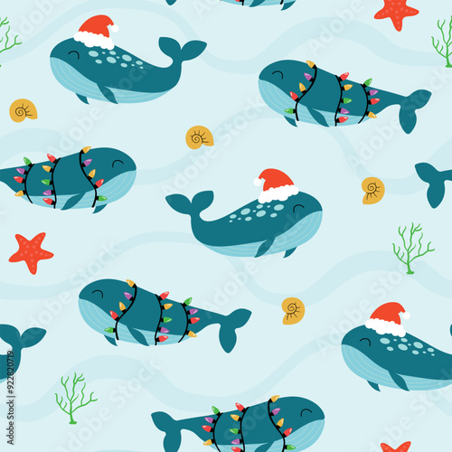 Christmas whale seamless pattern. Cute whales with santa hat and Christmas lights. 