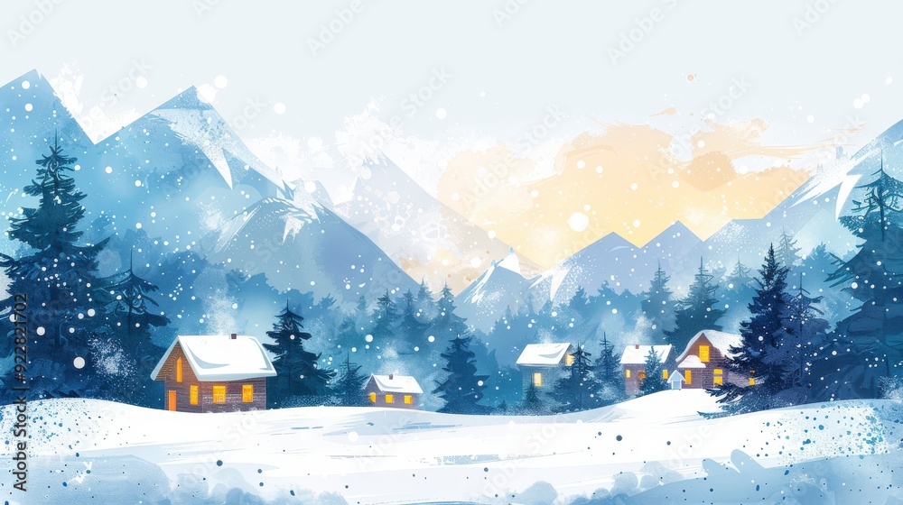 Fototapeta premium A serene winter landscape with snow-covered mountains and cozy cabins.