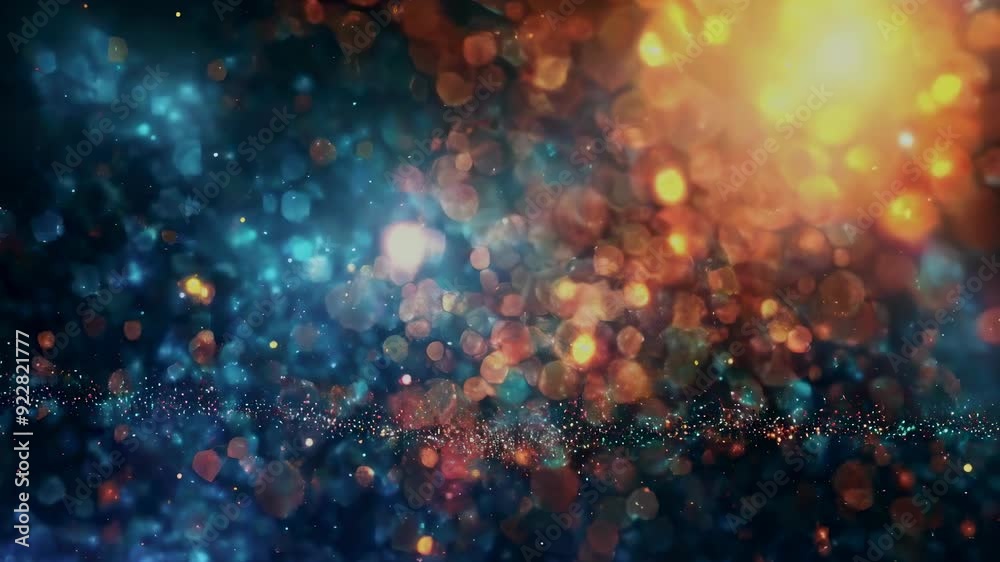 Vibrant orange and blue bokeh lights float against a dark background, creating a dreamy, magical atmosphere. The image captures the feel of a festive evening setting with an abstract focus on