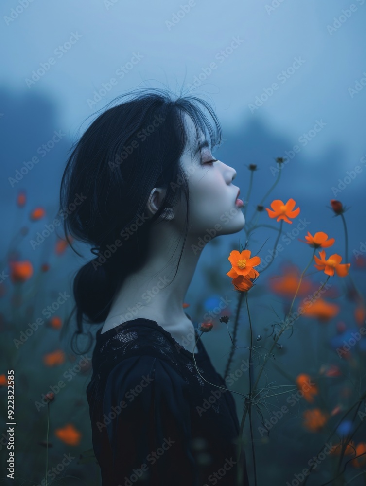Naklejka premium A person stands in a vibrant field of orange flowers during dusk, with the background softly blurred and the flowers in sharp focus, creating a dreamy and peaceful scene.