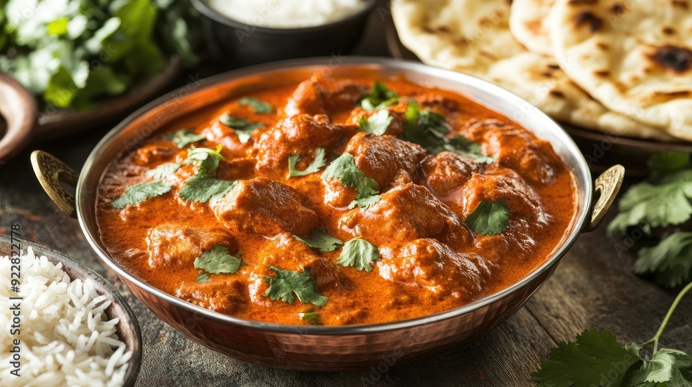 Indian butter chicken curry with basmati rice, naan bread, and fresh cilantro, served in a traditional copper dish. Indian butter chicken curry with basmati rice, naan bread, and fresh cilantro, served in a traditional copper dish.