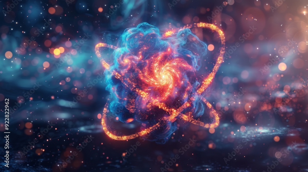 An artistic representation of an atomic structure, with swirling blue and red glowing particles, evoking a sense of futuristic technology and scientific wonder. An artistic representation of an atomic structure, with swirling blue and red glowing particles, evoking a sense of futuristic technology and scientific wonder.