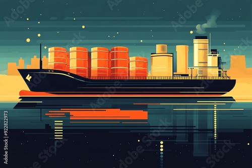 Cargo ship with oil barrels, rising freight costs, flat design illustration photo