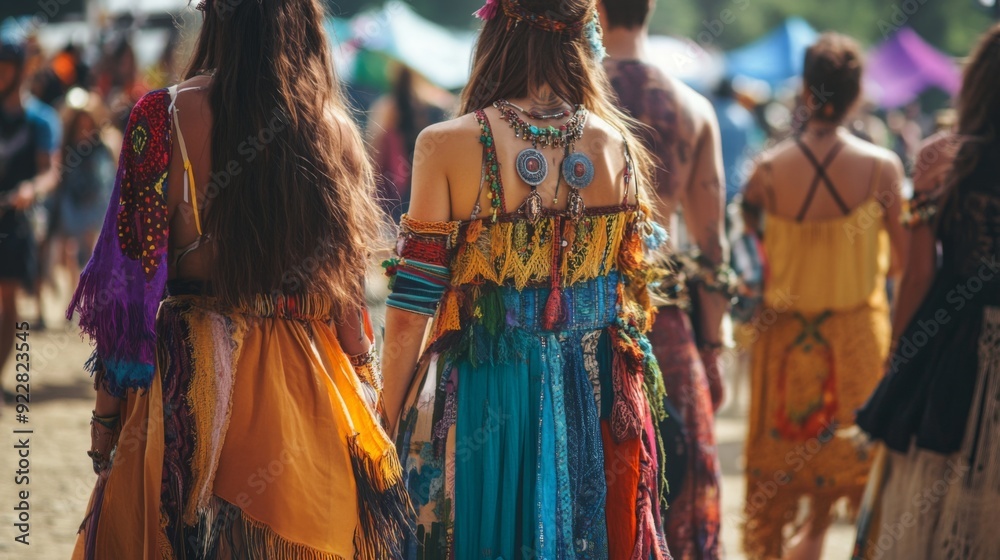 Fototapeta premium A group of festival-goers dressed in vibrant, eclectic outfits strolls through a bustling outdoor event under a sunny sky.
