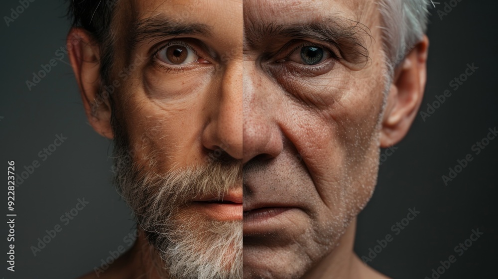 An image split into two sections, showcasing side-by-side views of a middle-aged and an elderly man's faces, illustrating the effects of aging over time. An image split into two sections, showcasing side-by-side views of a middle-aged and an elderly man's faces, illustrating the effects of aging over time.
