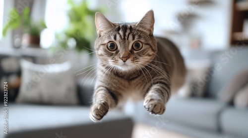 Joyful cat chasing a laser pointer, leaping into the air with wide eyes, in a playful living room scene.