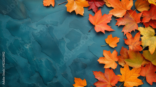 Autumn background with colored red leaves on blue slate background. Top view, copy space