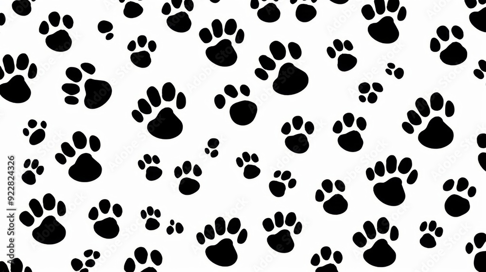 Fototapeta premium This repetitive pattern features various sizes of black paw prints scattered across a white background, creating a playful and visually engaging design that is both simple and charming.